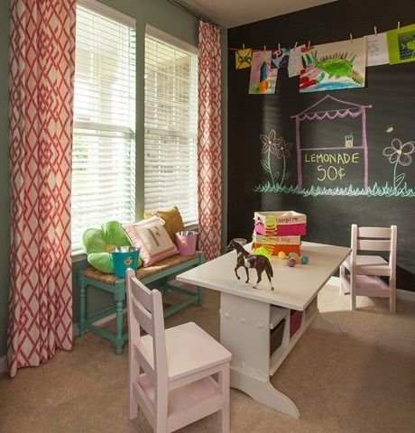 Love the curtains and chalkboard wall