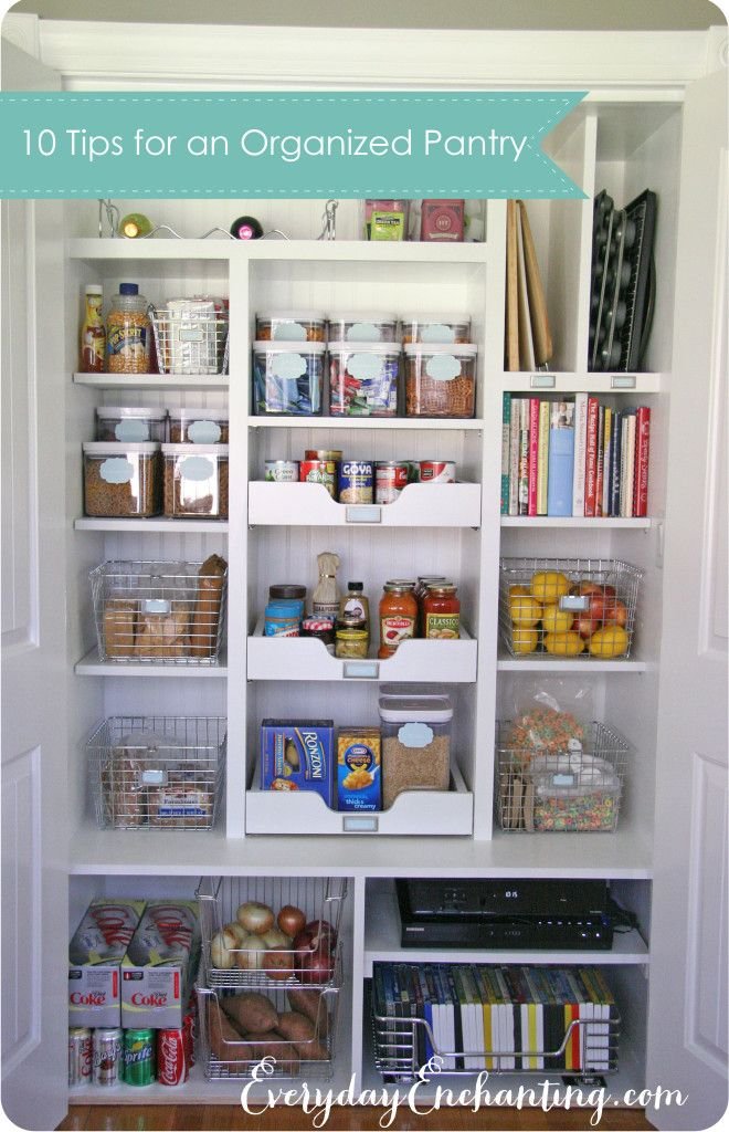 10 Tips for an Organized Pantry | EverydayEnchanting.com - Like the wire baskets, glass jars and ideas to remove staples from their boxes